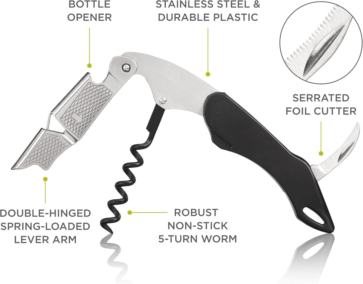 Recoil Waiters Corkscrew Wine Opener, Durable Stainless Steel with Built-in Bottle Opener and 4-Wheel Foil Cutter for Bartenders, Home Bar, Kitchen, Outdoor Party, Gifts for Wine Lovers, Set of 1