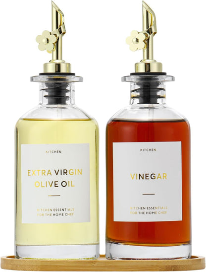 HOMCDALY Olive Oil Dispenser for Kitchen, 11.8oz Glass kitchen Dispenser Bottle, Gold Oil&Vinegar Cruet Set, Leakproof Oil Containers for Cooking| Set of 2 (11.8oz – Gold)