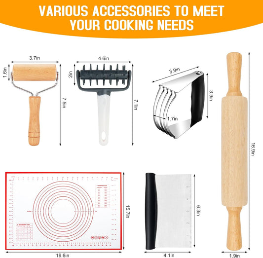 Wooden Rolling Pins for Baking, Small Dough Roller with Handle, Stainless Steel Pastry Blender Set with Pizza Dough Roller Docker, Pastry Cutter, Dough Cutter, Baking Mat, for Home Kitchen Cooking