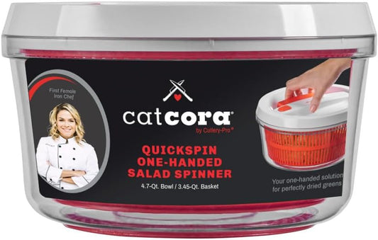 Quickspin One-Handed Salad Spinner, Accelerated Pump-Action With Built-In Break For Perfectly Dried Salad Greens, Ergonomic Single-Hand Design
