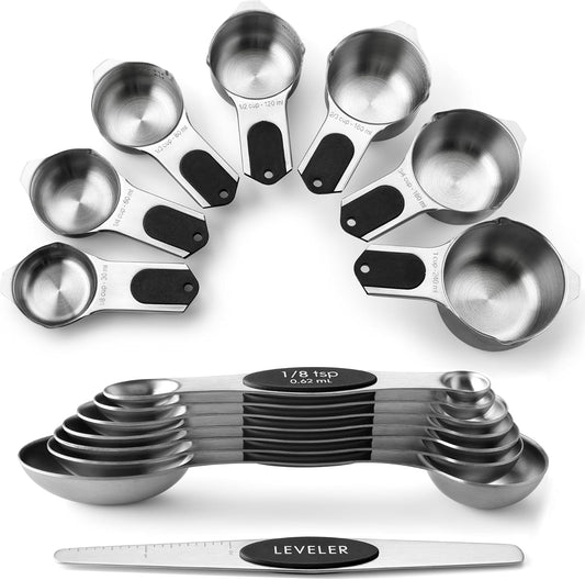 Magnetic Measuring Cups & Spoons Set of 15, Patented, Black | Stackable Stainless Steel Measuring Cups & Heavy Duty Metal Measuring Spoons with Levelers for Dry & Liquid Ingredients