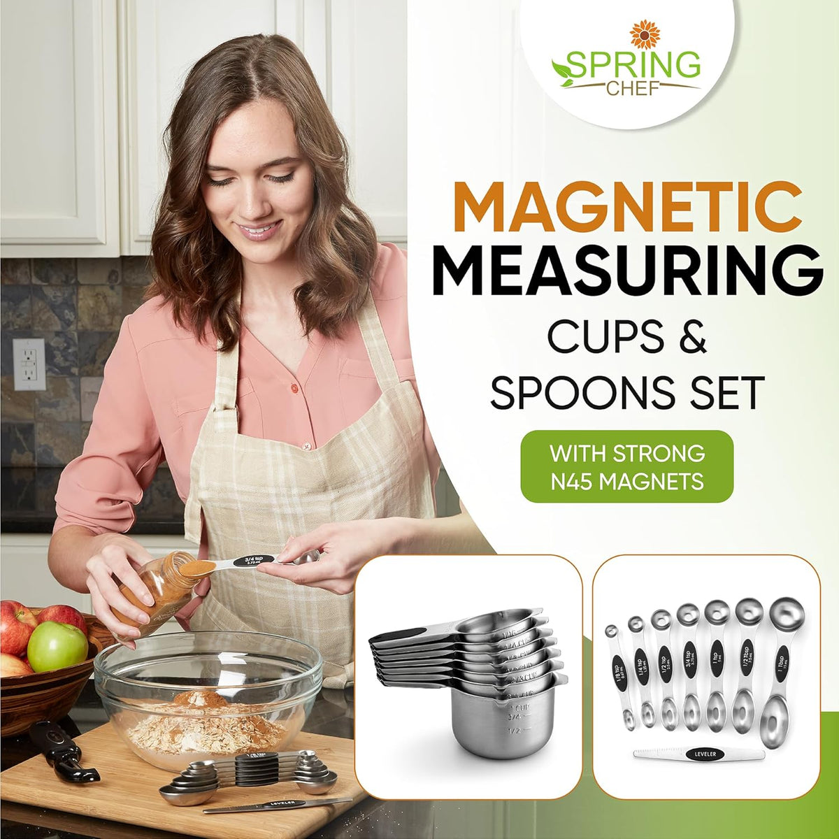 Magnetic Measuring Cups & Spoons Set of 15, Patented, Black | Stackable Stainless Steel Measuring Cups & Heavy Duty Metal Measuring Spoons with Levelers for Dry & Liquid Ingredients