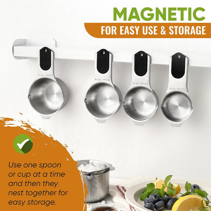 Magnetic Measuring Cups & Spoons Set of 15, Patented, Black | Stackable Stainless Steel Measuring Cups & Heavy Duty Metal Measuring Spoons with Levelers for Dry & Liquid Ingredients