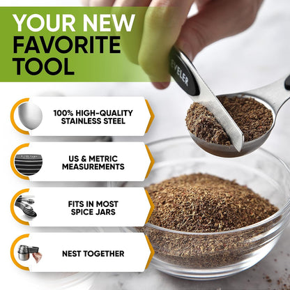 Magnetic Measuring Cups & Spoons Set of 15, Patented, Black | Stackable Stainless Steel Measuring Cups & Heavy Duty Metal Measuring Spoons with Levelers for Dry & Liquid Ingredients