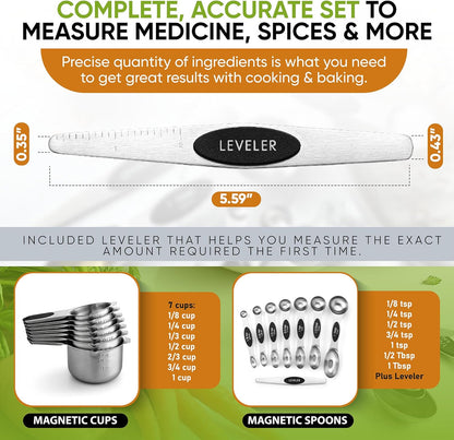 Magnetic Measuring Cups & Spoons Set of 15, Patented, Black | Stackable Stainless Steel Measuring Cups & Heavy Duty Metal Measuring Spoons with Levelers for Dry & Liquid Ingredients