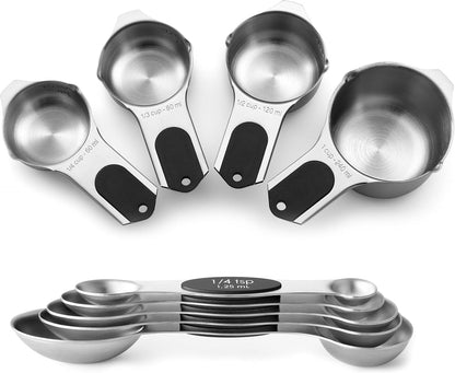 Magnetic Measuring Cups & Spoons Set of 15, Patented, Black | Stackable Stainless Steel Measuring Cups & Heavy Duty Metal Measuring Spoons with Levelers for Dry & Liquid Ingredients