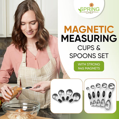 Magnetic Measuring Cups & Spoons Set of 15, Patented, Black | Stackable Stainless Steel Measuring Cups & Heavy Duty Metal Measuring Spoons with Levelers for Dry & Liquid Ingredients