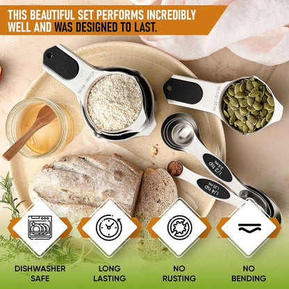 Magnetic Measuring Cups & Spoons Set of 15, Patented, Black | Stackable Stainless Steel Measuring Cups & Heavy Duty Metal Measuring Spoons with Levelers for Dry & Liquid Ingredients