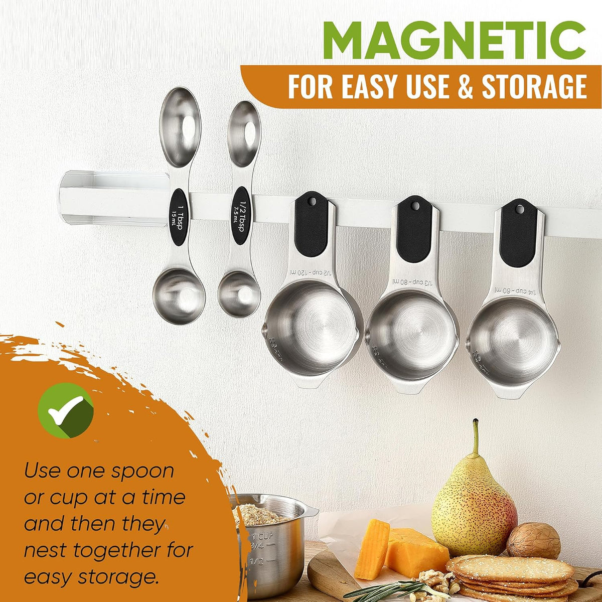 Magnetic Measuring Cups & Spoons Set of 15, Patented, Black | Stackable Stainless Steel Measuring Cups & Heavy Duty Metal Measuring Spoons with Levelers for Dry & Liquid Ingredients