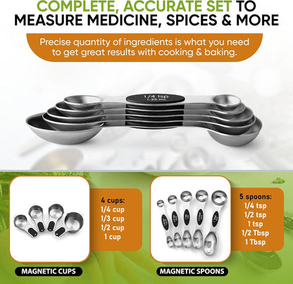 Magnetic Measuring Cups & Spoons Set of 15, Patented, Black | Stackable Stainless Steel Measuring Cups & Heavy Duty Metal Measuring Spoons with Levelers for Dry & Liquid Ingredients