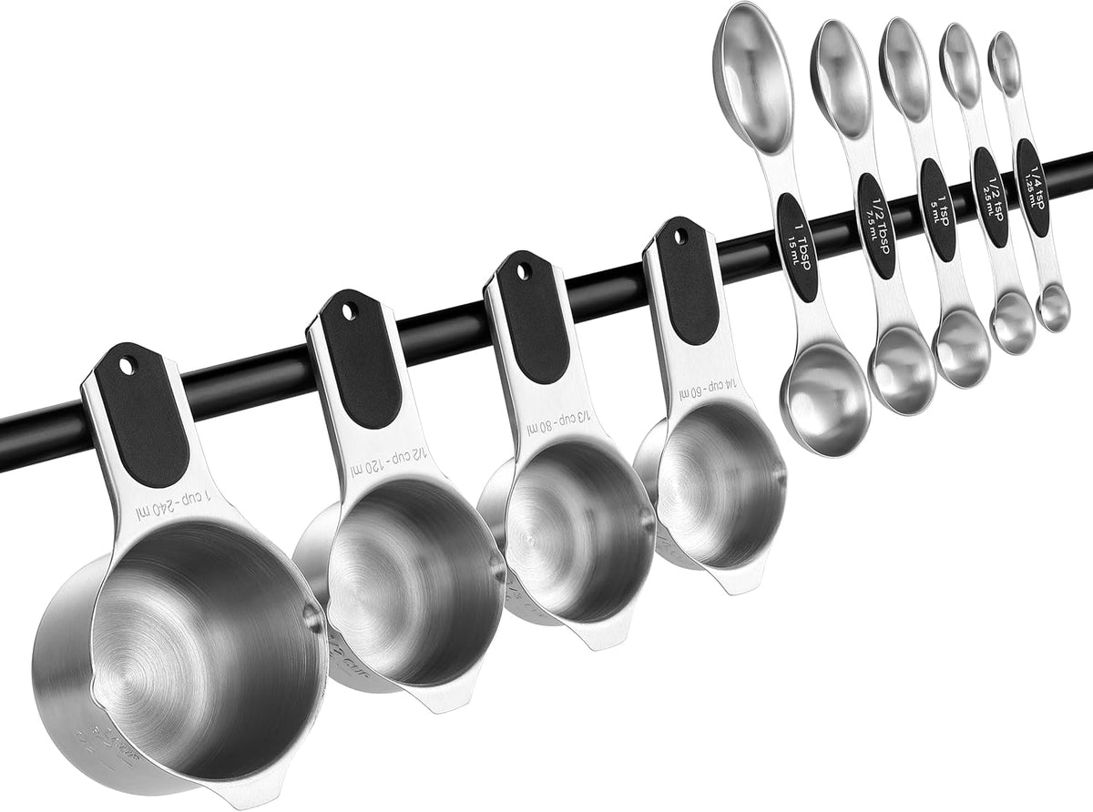 Magnetic Measuring Cups & Spoons Set of 15, Patented, Black | Stackable Stainless Steel Measuring Cups & Heavy Duty Metal Measuring Spoons with Levelers for Dry & Liquid Ingredients