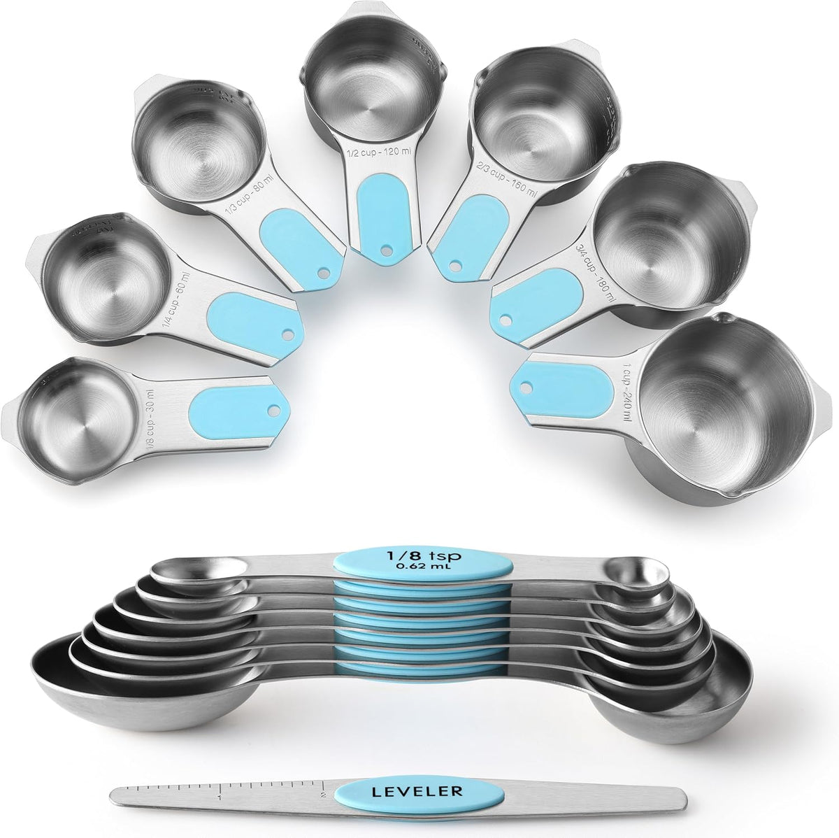 Magnetic Measuring Cups & Spoons Set of 15, Patented, Black | Stackable Stainless Steel Measuring Cups & Heavy Duty Metal Measuring Spoons with Levelers for Dry & Liquid Ingredients