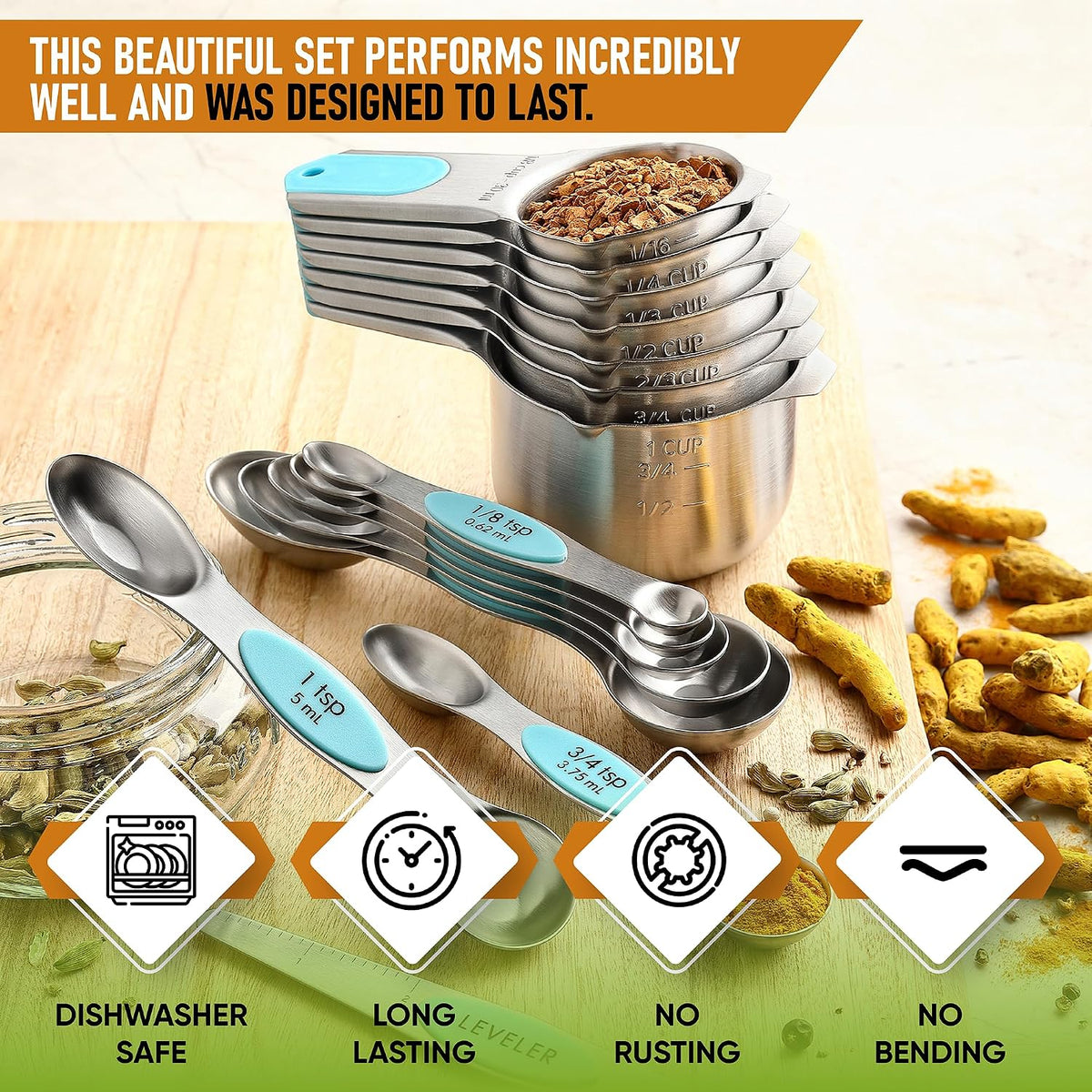 Magnetic Measuring Cups & Spoons Set of 15, Patented, Black | Stackable Stainless Steel Measuring Cups & Heavy Duty Metal Measuring Spoons with Levelers for Dry & Liquid Ingredients