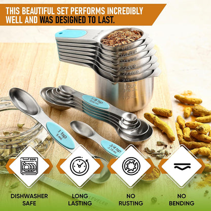 Magnetic Measuring Cups & Spoons Set of 15, Patented, Black | Stackable Stainless Steel Measuring Cups & Heavy Duty Metal Measuring Spoons with Levelers for Dry & Liquid Ingredients