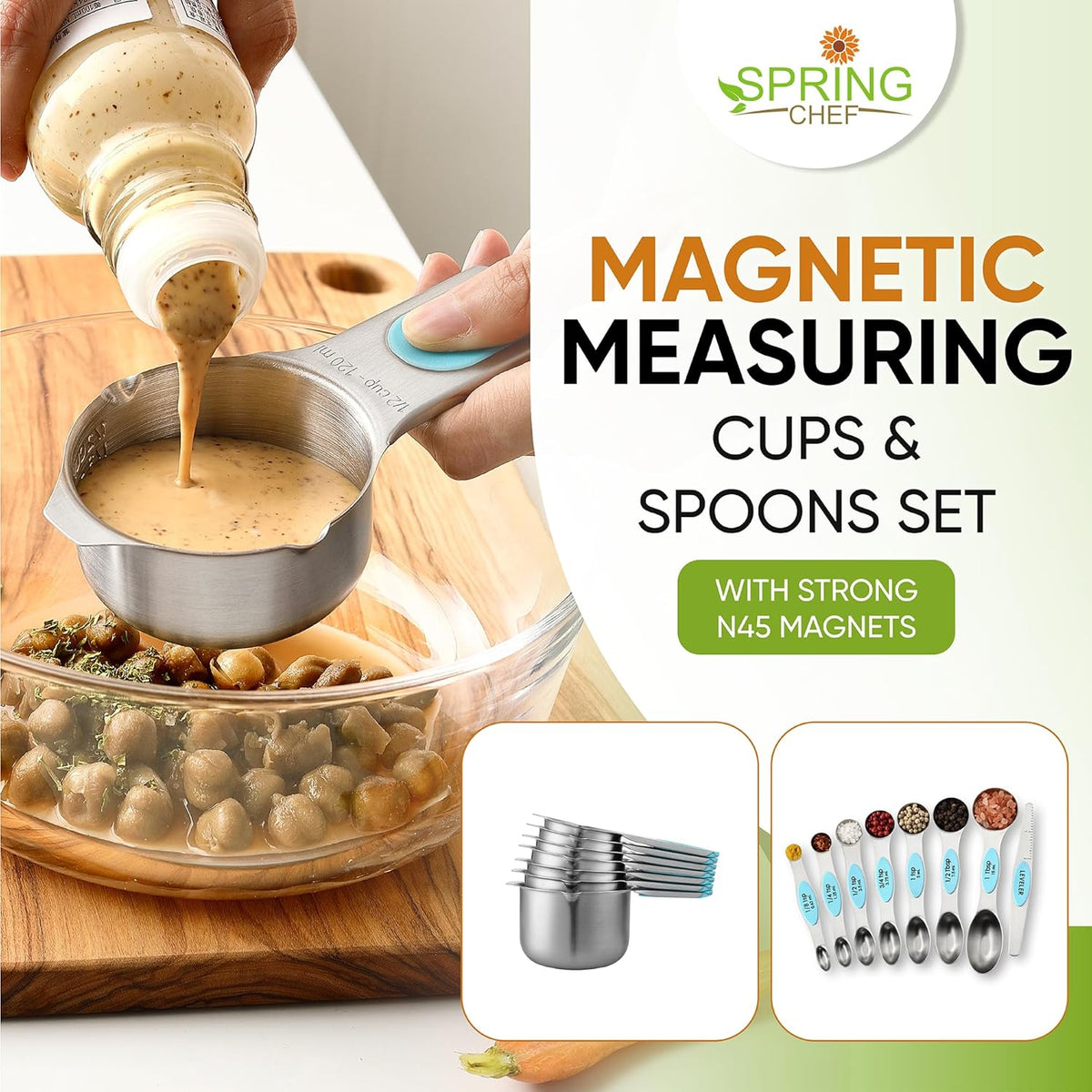 Magnetic Measuring Cups & Spoons Set of 15, Patented, Black | Stackable Stainless Steel Measuring Cups & Heavy Duty Metal Measuring Spoons with Levelers for Dry & Liquid Ingredients