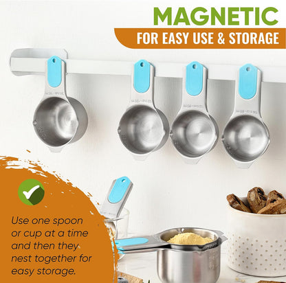 Magnetic Measuring Cups & Spoons Set of 15, Patented, Black | Stackable Stainless Steel Measuring Cups & Heavy Duty Metal Measuring Spoons with Levelers for Dry & Liquid Ingredients