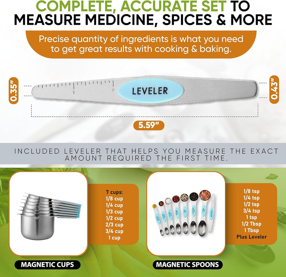 Magnetic Measuring Cups & Spoons Set of 15, Patented, Black | Stackable Stainless Steel Measuring Cups & Heavy Duty Metal Measuring Spoons with Levelers for Dry & Liquid Ingredients