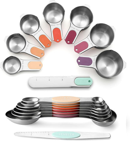 Magnetic Measuring Cups & Spoons Set of 15, Patented, Black | Stackable Stainless Steel Measuring Cups & Heavy Duty Metal Measuring Spoons with Levelers for Dry & Liquid Ingredients