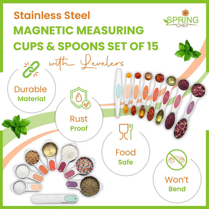 Magnetic Measuring Cups & Spoons Set of 15, Patented, Black | Stackable Stainless Steel Measuring Cups & Heavy Duty Metal Measuring Spoons with Levelers for Dry & Liquid Ingredients