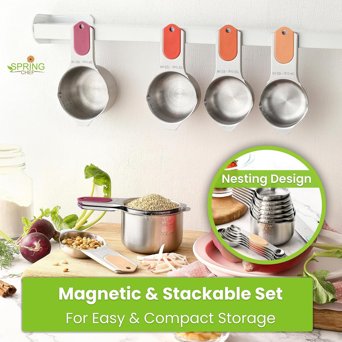 Magnetic Measuring Cups & Spoons Set of 15, Patented, Black | Stackable Stainless Steel Measuring Cups & Heavy Duty Metal Measuring Spoons with Levelers for Dry & Liquid Ingredients