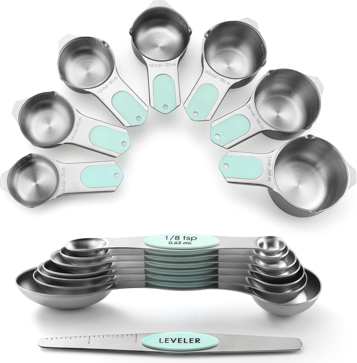 Magnetic Measuring Cups & Spoons Set of 15, Patented, Black | Stackable Stainless Steel Measuring Cups & Heavy Duty Metal Measuring Spoons with Levelers for Dry & Liquid Ingredients