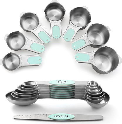 Magnetic Measuring Cups & Spoons Set of 15, Patented, Black | Stackable Stainless Steel Measuring Cups & Heavy Duty Metal Measuring Spoons with Levelers for Dry & Liquid Ingredients