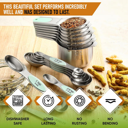 Magnetic Measuring Cups & Spoons Set of 15, Patented, Black | Stackable Stainless Steel Measuring Cups & Heavy Duty Metal Measuring Spoons with Levelers for Dry & Liquid Ingredients