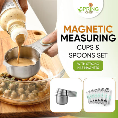 Magnetic Measuring Cups & Spoons Set of 15, Patented, Black | Stackable Stainless Steel Measuring Cups & Heavy Duty Metal Measuring Spoons with Levelers for Dry & Liquid Ingredients
