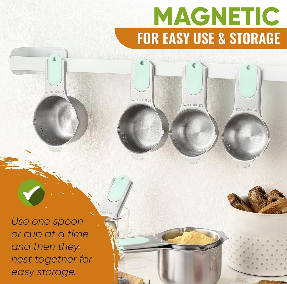 Magnetic Measuring Cups & Spoons Set of 15, Patented, Black | Stackable Stainless Steel Measuring Cups & Heavy Duty Metal Measuring Spoons with Levelers for Dry & Liquid Ingredients