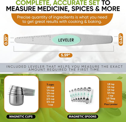 Magnetic Measuring Cups & Spoons Set of 15, Patented, Black | Stackable Stainless Steel Measuring Cups & Heavy Duty Metal Measuring Spoons with Levelers for Dry & Liquid Ingredients