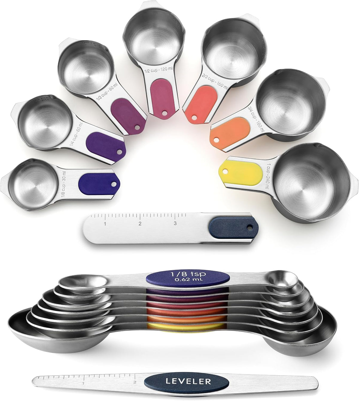Magnetic Measuring Cups & Spoons Set of 15, Patented, Black | Stackable Stainless Steel Measuring Cups & Heavy Duty Metal Measuring Spoons with Levelers for Dry & Liquid Ingredients