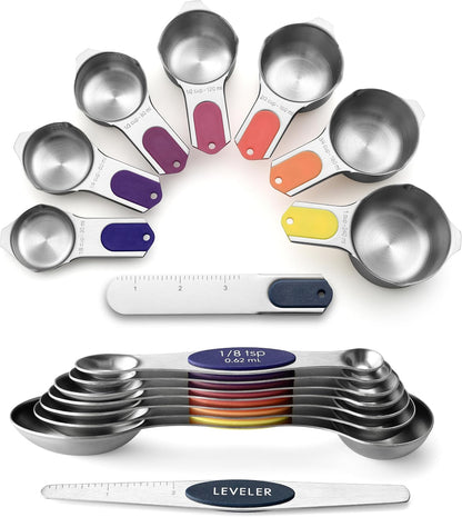 Magnetic Measuring Cups & Spoons Set of 15, Patented, Black | Stackable Stainless Steel Measuring Cups & Heavy Duty Metal Measuring Spoons with Levelers for Dry & Liquid Ingredients