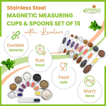 Magnetic Measuring Cups & Spoons Set of 15, Patented, Black | Stackable Stainless Steel Measuring Cups & Heavy Duty Metal Measuring Spoons with Levelers for Dry & Liquid Ingredients