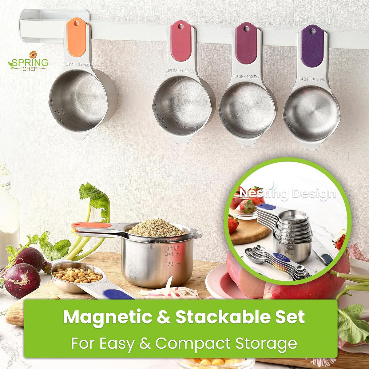 Magnetic Measuring Cups & Spoons Set of 15, Patented, Black | Stackable Stainless Steel Measuring Cups & Heavy Duty Metal Measuring Spoons with Levelers for Dry & Liquid Ingredients