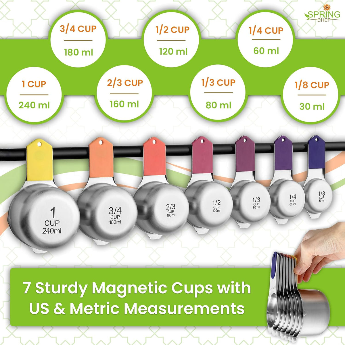 Magnetic Measuring Cups & Spoons Set of 15, Patented, Black | Stackable Stainless Steel Measuring Cups & Heavy Duty Metal Measuring Spoons with Levelers for Dry & Liquid Ingredients