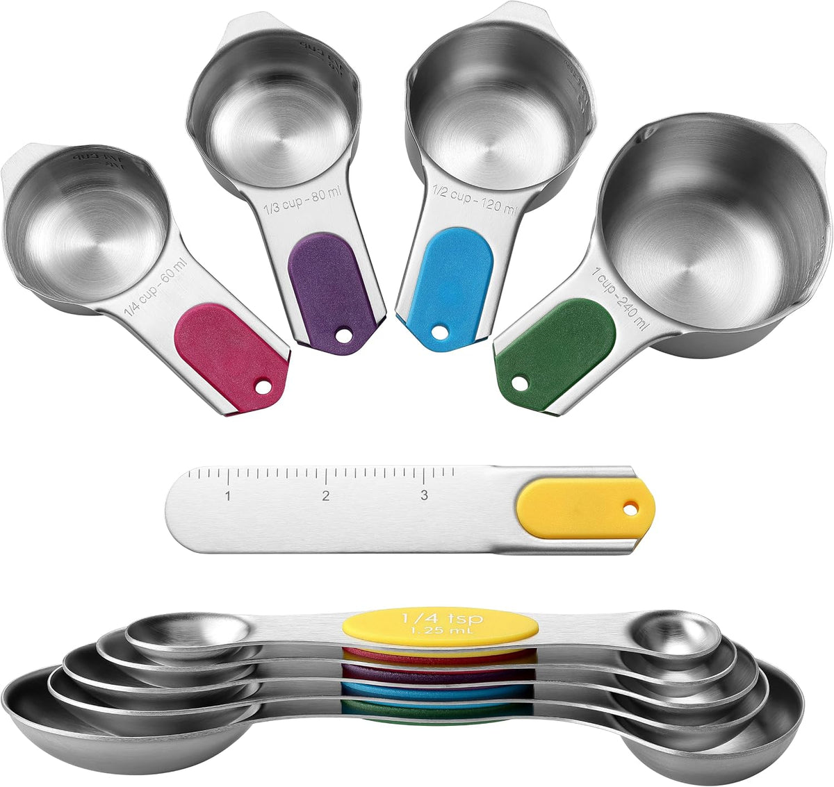 Magnetic Measuring Cups & Spoons Set of 15, Patented, Black | Stackable Stainless Steel Measuring Cups & Heavy Duty Metal Measuring Spoons with Levelers for Dry & Liquid Ingredients