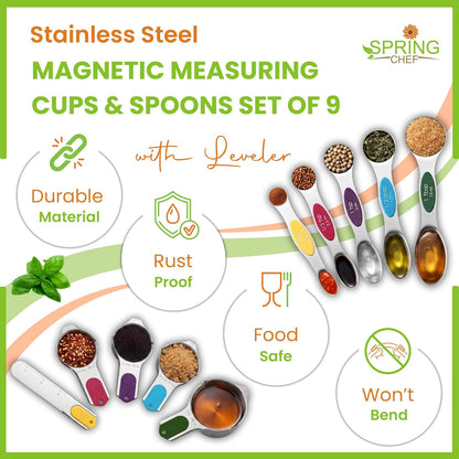 Magnetic Measuring Cups & Spoons Set of 15, Patented, Black | Stackable Stainless Steel Measuring Cups & Heavy Duty Metal Measuring Spoons with Levelers for Dry & Liquid Ingredients