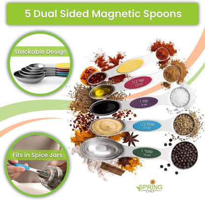 Magnetic Measuring Cups & Spoons Set of 15, Patented, Black | Stackable Stainless Steel Measuring Cups & Heavy Duty Metal Measuring Spoons with Levelers for Dry & Liquid Ingredients