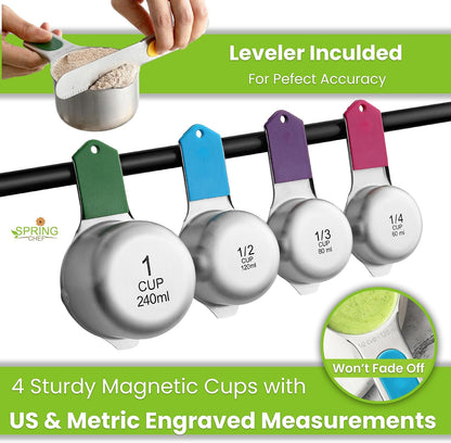 Magnetic Measuring Cups & Spoons Set of 15, Patented, Black | Stackable Stainless Steel Measuring Cups & Heavy Duty Metal Measuring Spoons with Levelers for Dry & Liquid Ingredients