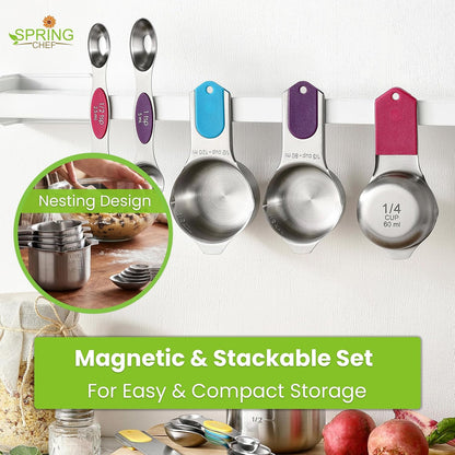 Magnetic Measuring Cups & Spoons Set of 15, Patented, Black | Stackable Stainless Steel Measuring Cups & Heavy Duty Metal Measuring Spoons with Levelers for Dry & Liquid Ingredients