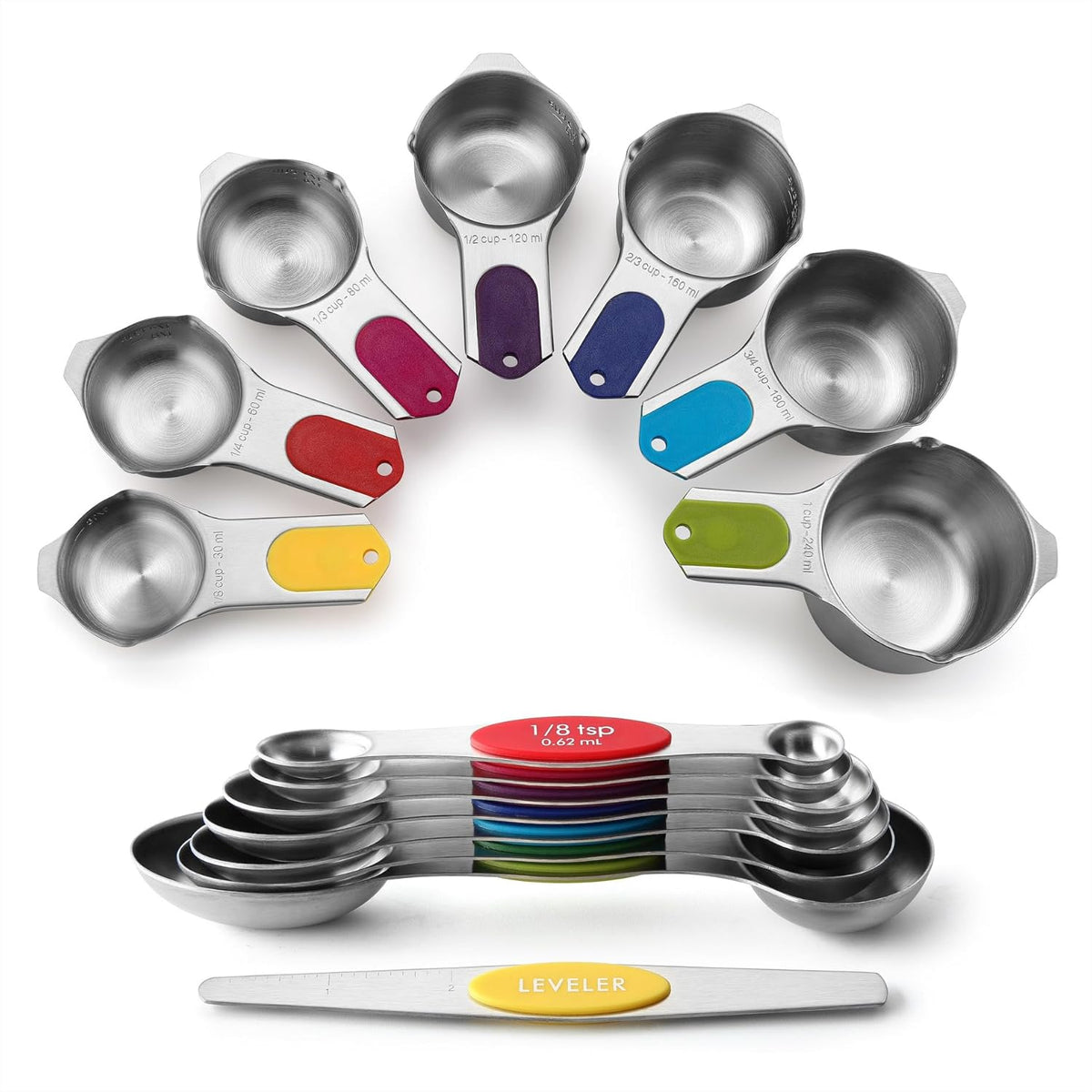 Magnetic Measuring Cups & Spoons Set of 15, Patented, Black | Stackable Stainless Steel Measuring Cups & Heavy Duty Metal Measuring Spoons with Levelers for Dry & Liquid Ingredients