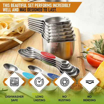 Magnetic Measuring Cups & Spoons Set of 15, Patented, Black | Stackable Stainless Steel Measuring Cups & Heavy Duty Metal Measuring Spoons with Levelers for Dry & Liquid Ingredients