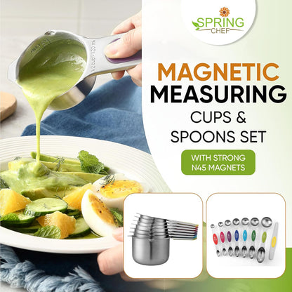 Magnetic Measuring Cups & Spoons Set of 15, Patented, Black | Stackable Stainless Steel Measuring Cups & Heavy Duty Metal Measuring Spoons with Levelers for Dry & Liquid Ingredients