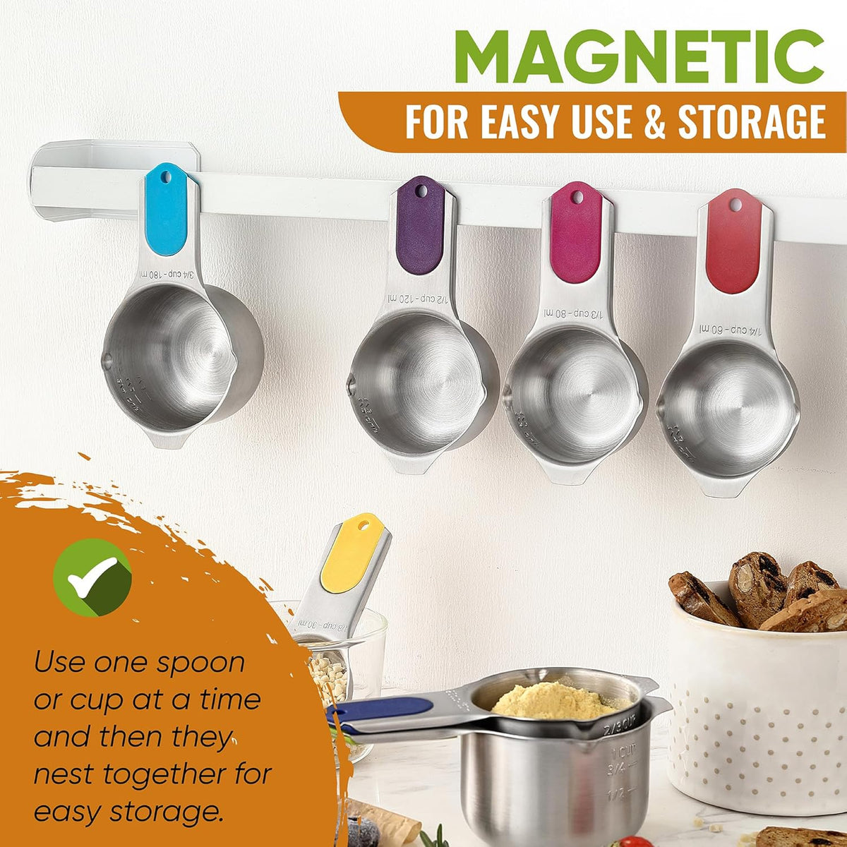 Magnetic Measuring Cups & Spoons Set of 15, Patented, Black | Stackable Stainless Steel Measuring Cups & Heavy Duty Metal Measuring Spoons with Levelers for Dry & Liquid Ingredients