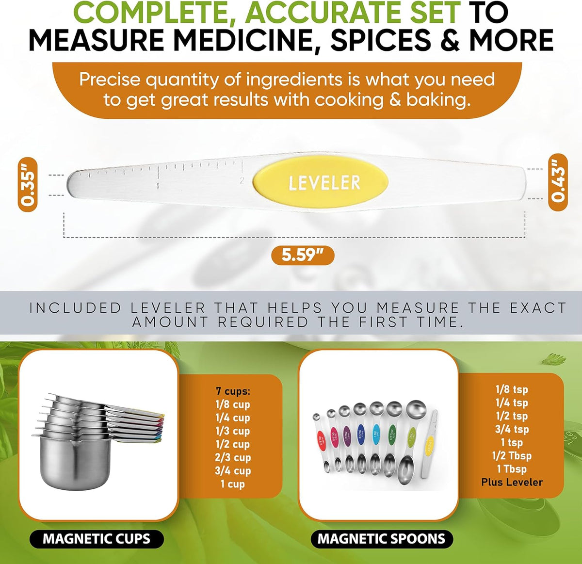 Magnetic Measuring Cups & Spoons Set of 15, Patented, Black | Stackable Stainless Steel Measuring Cups & Heavy Duty Metal Measuring Spoons with Levelers for Dry & Liquid Ingredients