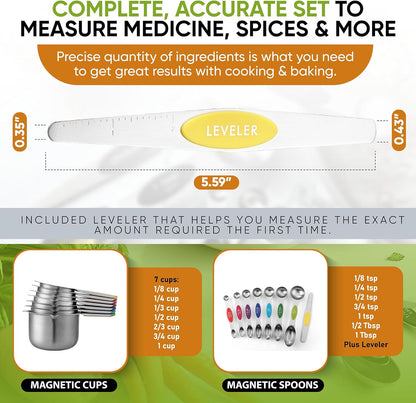 Magnetic Measuring Cups & Spoons Set of 15, Patented, Black | Stackable Stainless Steel Measuring Cups & Heavy Duty Metal Measuring Spoons with Levelers for Dry & Liquid Ingredients