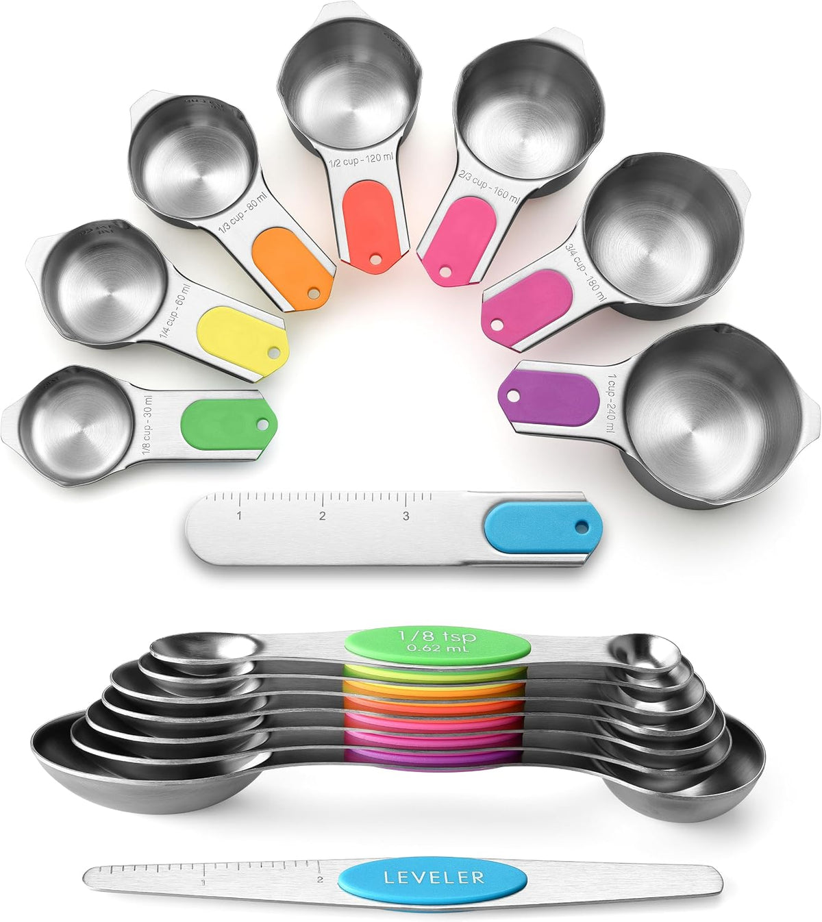 Magnetic Measuring Cups & Spoons Set of 15, Patented, Black | Stackable Stainless Steel Measuring Cups & Heavy Duty Metal Measuring Spoons with Levelers for Dry & Liquid Ingredients