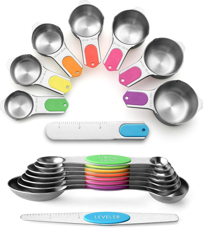Magnetic Measuring Cups & Spoons Set of 15, Patented, Black | Stackable Stainless Steel Measuring Cups & Heavy Duty Metal Measuring Spoons with Levelers for Dry & Liquid Ingredients