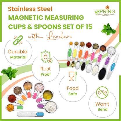 Magnetic Measuring Cups & Spoons Set of 15, Patented, Black | Stackable Stainless Steel Measuring Cups & Heavy Duty Metal Measuring Spoons with Levelers for Dry & Liquid Ingredients