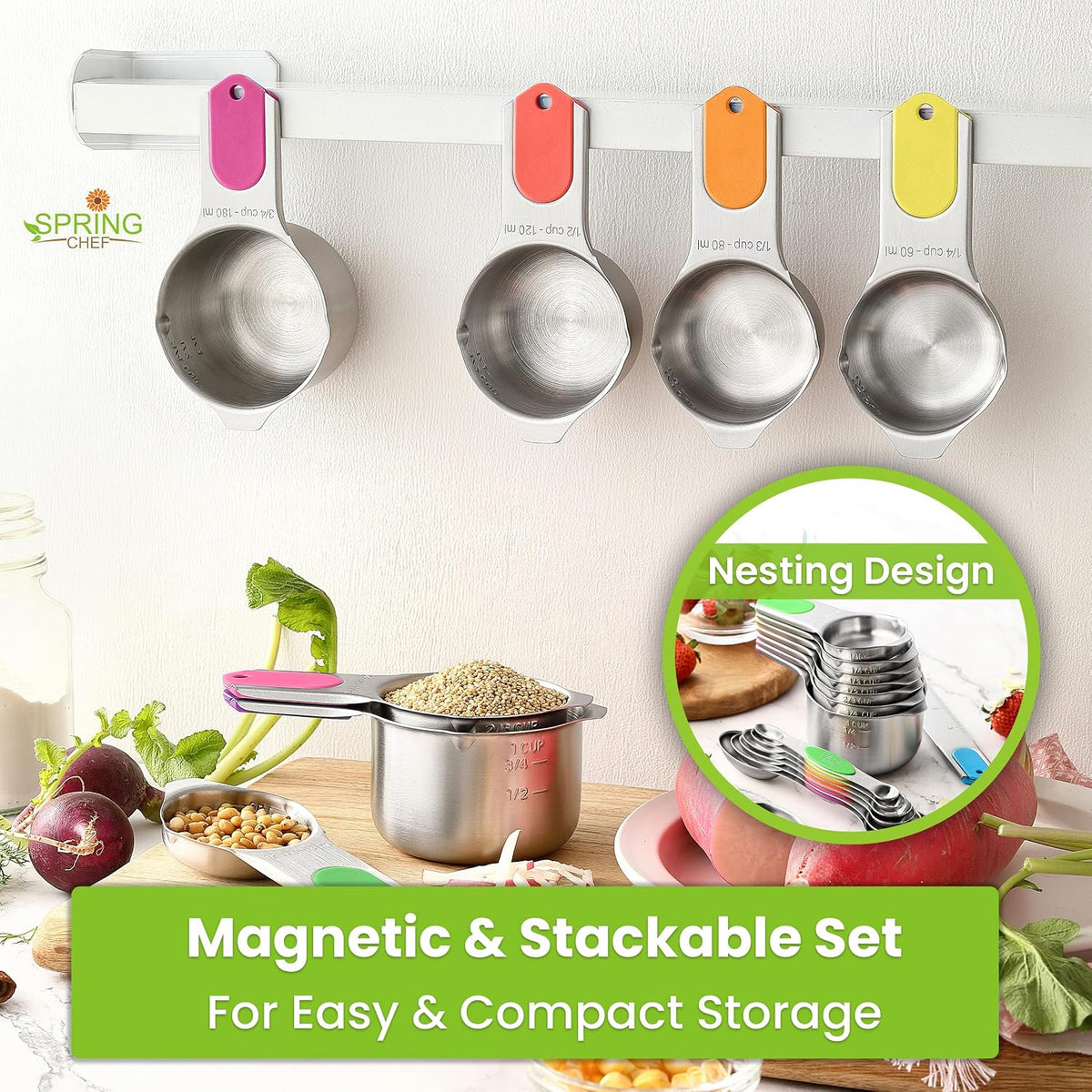 Magnetic Measuring Cups & Spoons Set of 15, Patented, Black | Stackable Stainless Steel Measuring Cups & Heavy Duty Metal Measuring Spoons with Levelers for Dry & Liquid Ingredients